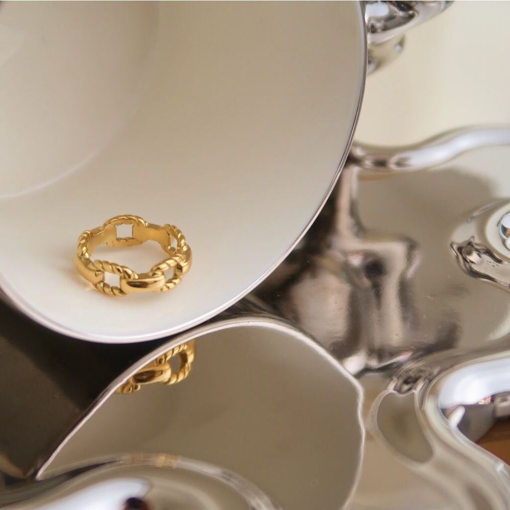 18K Thick Gold Plated Rope Square Link Chain Ring
